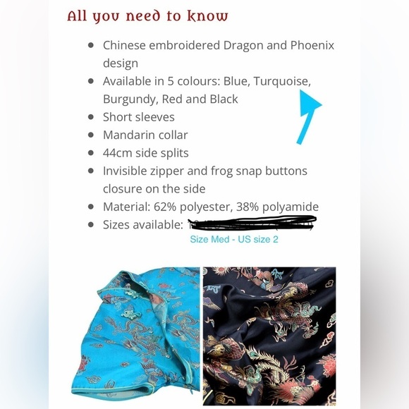 🐉 STUNNING *NEW* TURQUOISE CHINESE CHEONGSHAM QIPAO DRESS 👗 SIZE MED US SZ 2 - Picture 12 of 14
